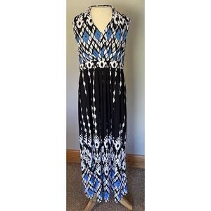 Chico’s Maxi Dress Sz 1 (Small) Blue Black White Sleeveless Ruched Pleated